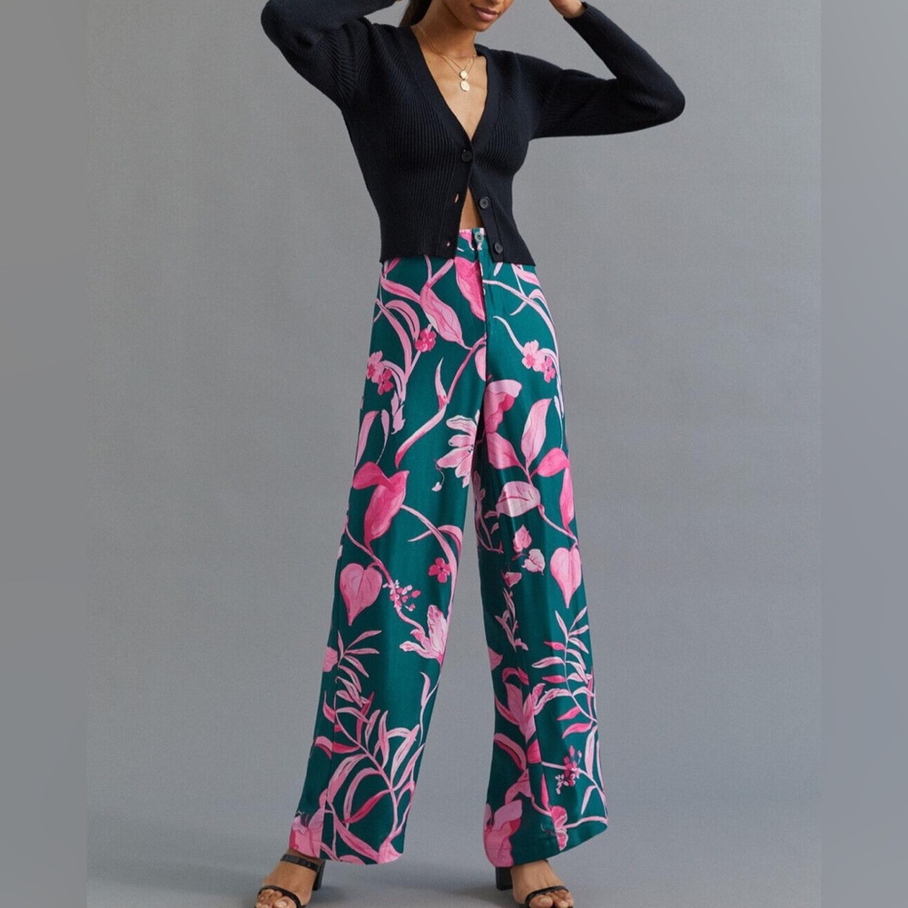 Anthropologie Tropical Floral Breezy Print Wide Leg Pants Green Pink Size 2